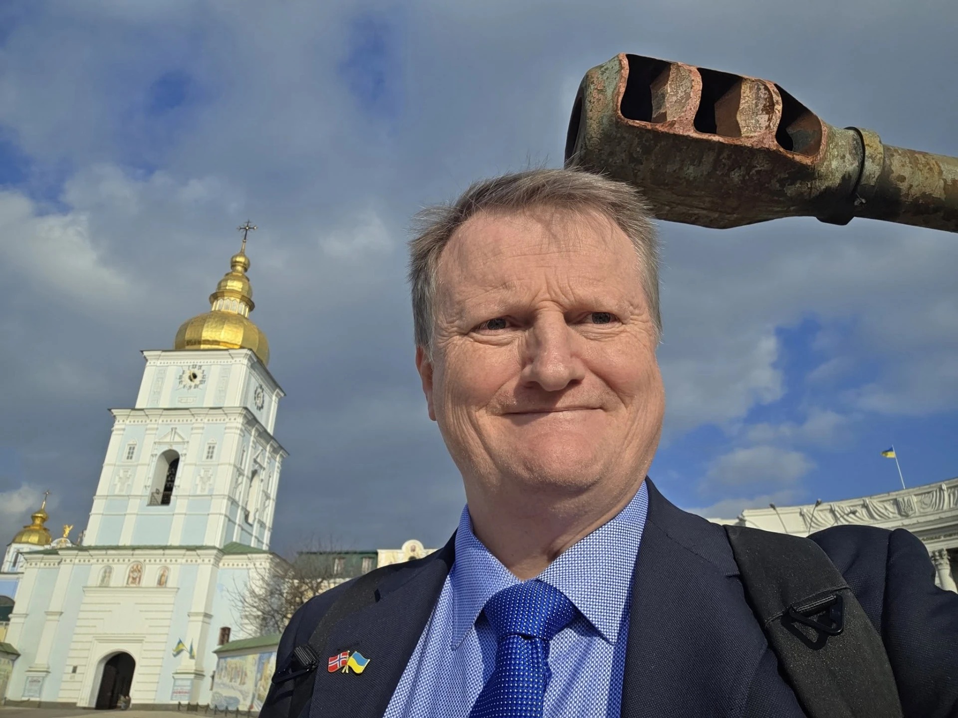 Nils-Erik Volden in Kyiv, Ukraine, with St Michael's Golden-Domed Monastery in the background