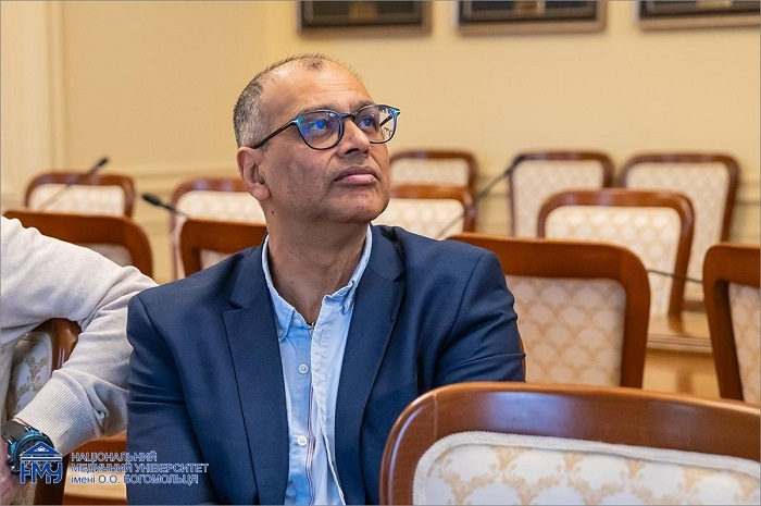 Roger Santokhie, Deputy Director of KBT Vocational College, listening during the meeting in Kyiv