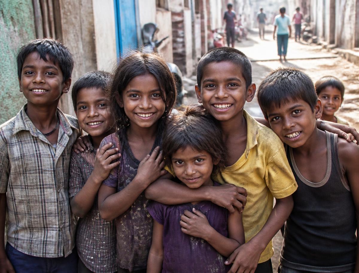 Children smiling together in a sunlit neighbourhood lane in India
